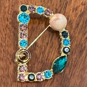 Colorful Pink, Light Blue and Turquoise Crystals & Stone Letter “D” in Gold Tone